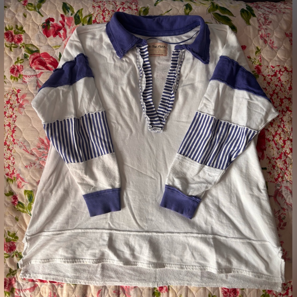 Free People We the Free Clean Prep Polo White Blue Sailor Pullover Sweater - Picture 4 of 11